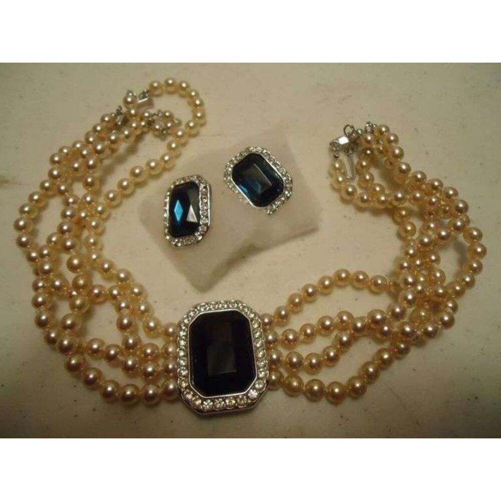 Kenneth Jay Lane Signed, 4 Strand Faux Pearl Choker with Central Sapphireed Ear